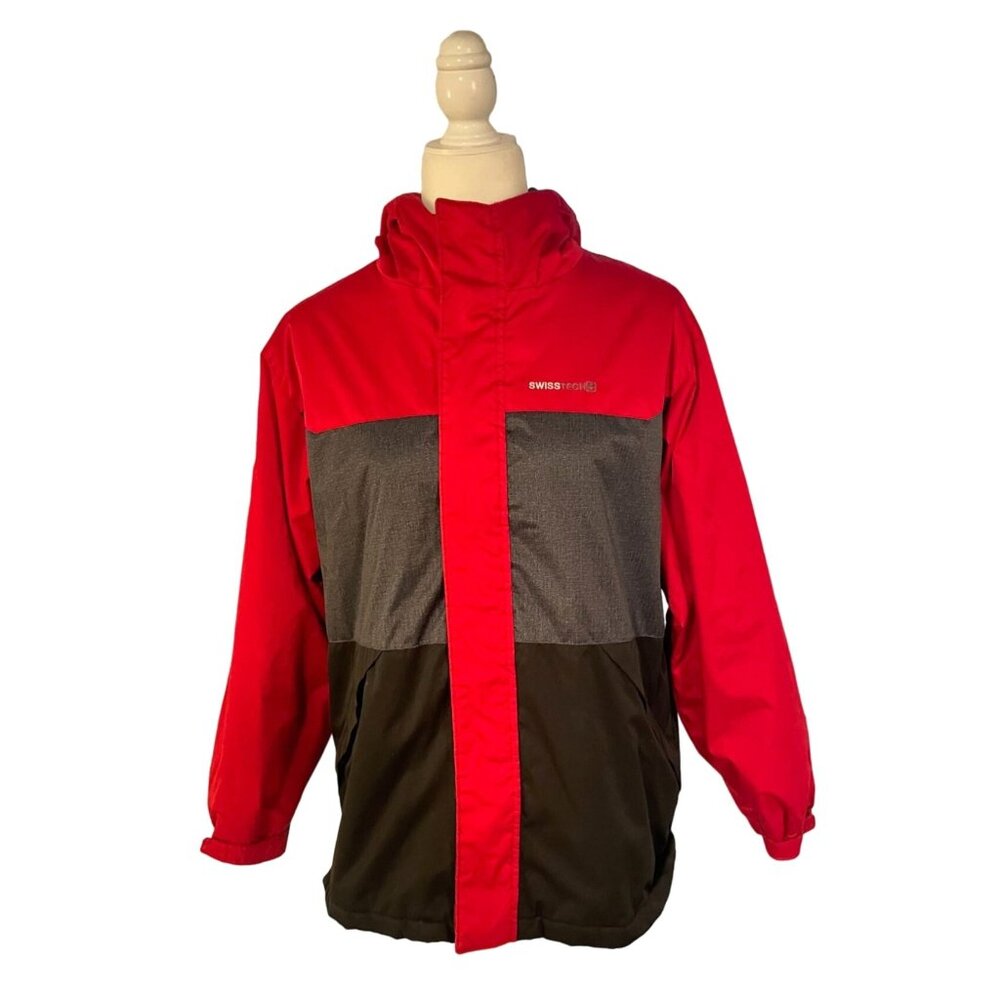 Swiss Tech Boys XL (14–16) Red & Black Hooded Winter Jacket – Warm, Durable, Col